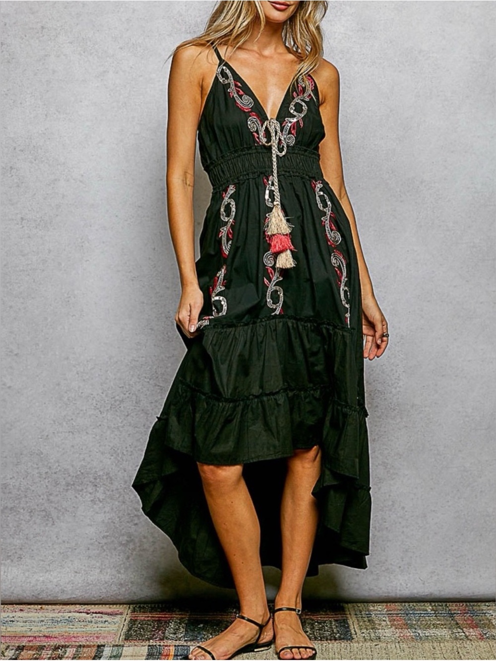 POL Black Embroidered Boho Hi Low Maxi Dress Tassel Tie SZ L 🔥 NEW